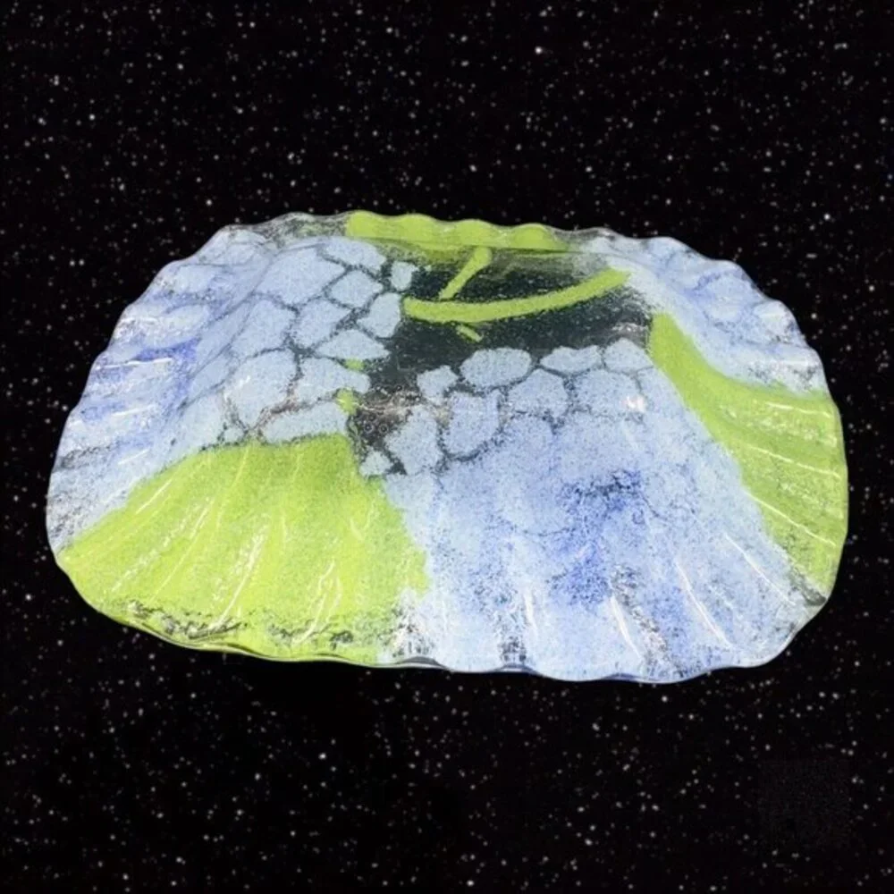Fused Art Glass Dish Plate‎ Ruffled Edges Blue Flowers Glass Trinket Dish 6”Wide